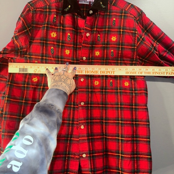 Bobbie Brooks Vintage Christmas Plaid Shirt Velvet Collar Embroidered Trees - Picture 5 of 11